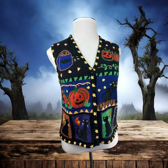 Hampshire Studio BOO! Halloween Sweater Vest Embroidered Pumpkin Black Cat M - Picture 1 of 15